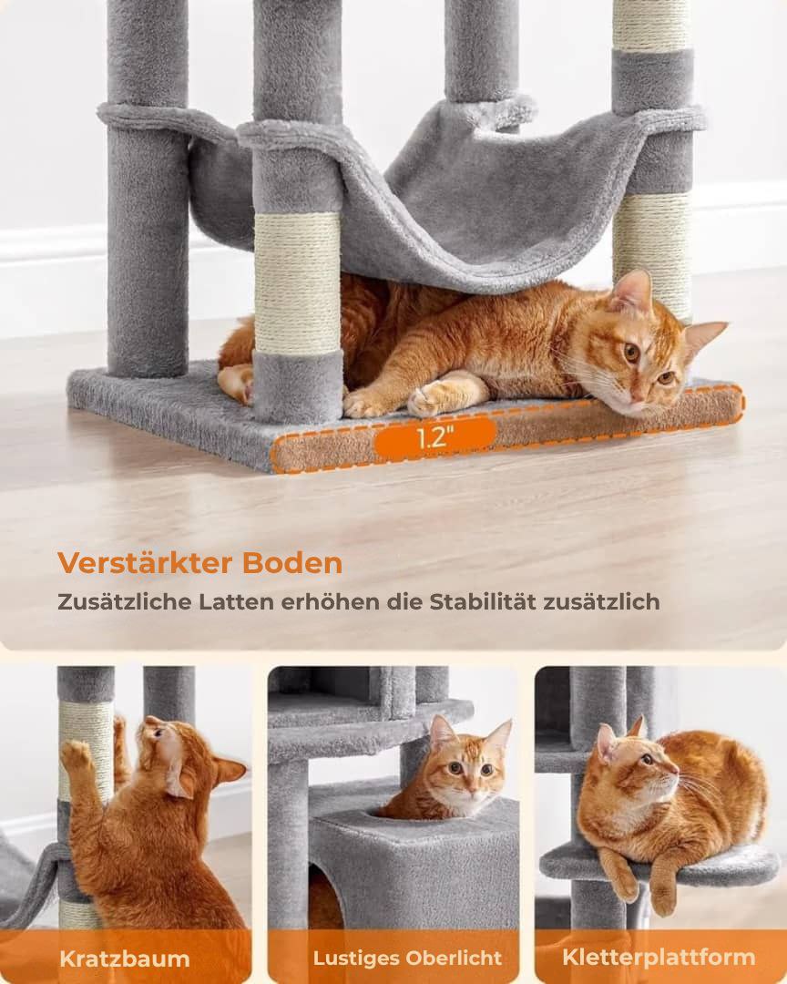 Kratzbaum Feandrea 154 cm -Kletterturm aus Plüsch mit 5 Kratzstangen, 2 Plattformen.