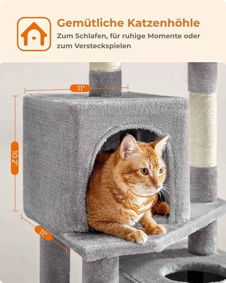 Kratzbaum Feandrea 154 cm -Kletterturm aus Plüsch mit 5 Kratzstangen, 2 Plattformen.