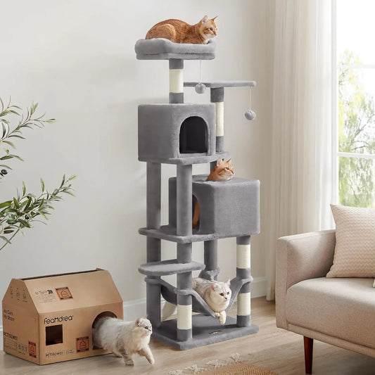 Kratzbaum Feandrea 154 cm -Kletterturm aus Plüsch mit 5 Kratzstangen, 2 Plattformen.
