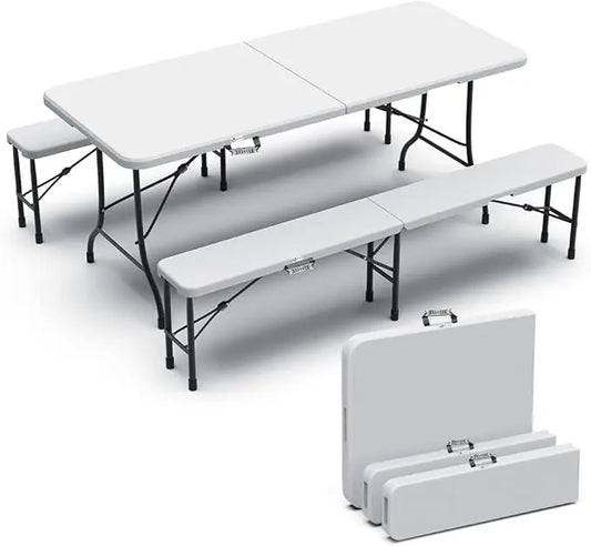Set aus Klapptisch und 2 Bänken, weiß, 180 x 75 x 72 cm